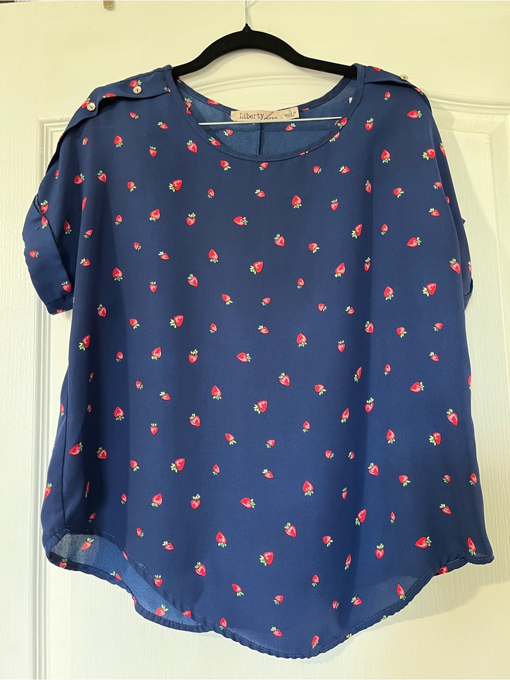 Liberty Love Navy Strawberry-Print Short Sleeve Blouse